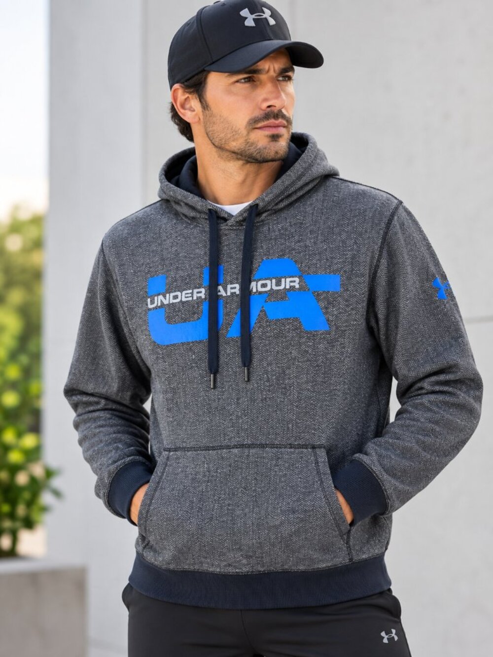 Under Armour Menβs Herringbone Pullover Hoodie Gray Blue Logo Loose Fit M